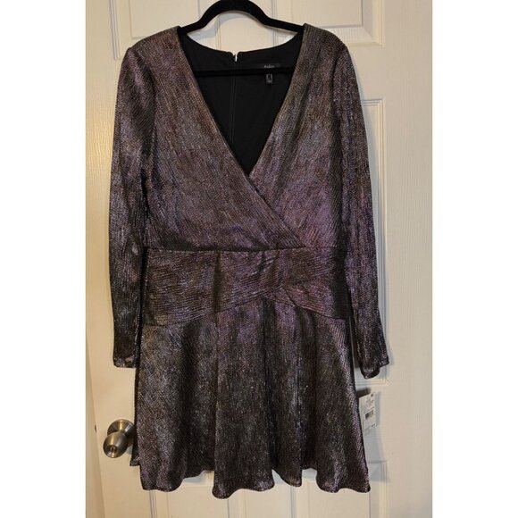 Aidan Mattox Cocktail Party Dress 14 Black Gold Silver Foil Long Sleeve NEW $220 - Picture 11 of 12